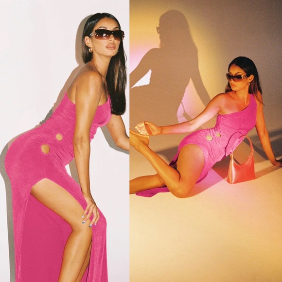 Princess Polly Aligned Pink One Shoulder Side Cutout Ruched Side Slit Maxi Dress - Picture 2 of 12